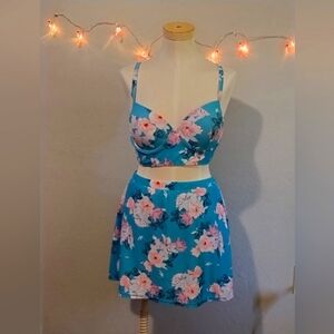 Pretty Blue and Pink Floral Skirted Swimsuit XL